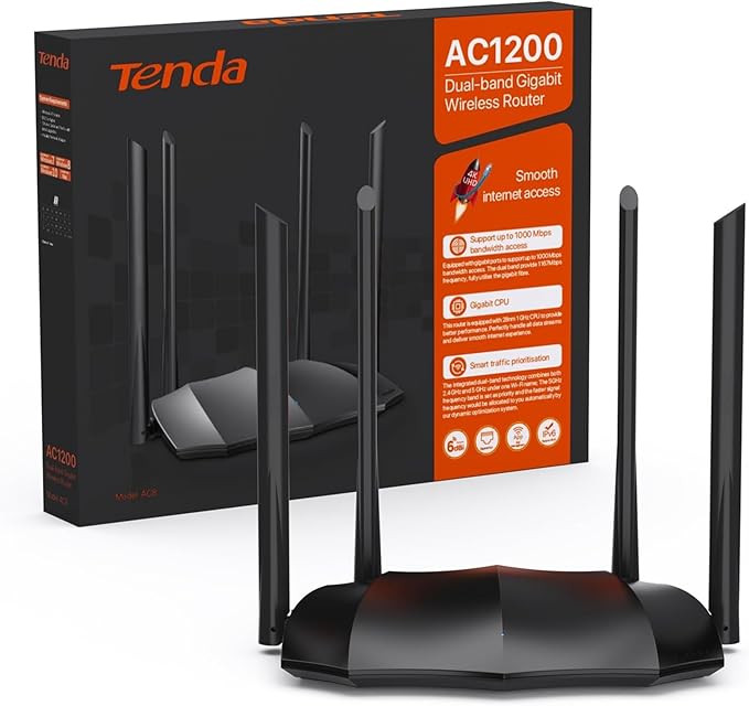Tenda AC8 AC1200 WiFi Router - Wireless Router, Dual Band 5GHz/2.4GHz, 3 Gigabit WAN/LAN Ports, 4x6dBi Antennas, Repeater Access Point Mode, Beamforming, MU-MIMO, APP Control
