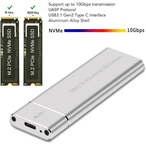 Boîtier SSD NVMe M2 Boîtier externe Boîtier SSD NVME PCIE 10Gbps USB 3.1 Gen2 Adaptateur USB C Boîte en aluminium Boîtier SSD M.2 NVMe