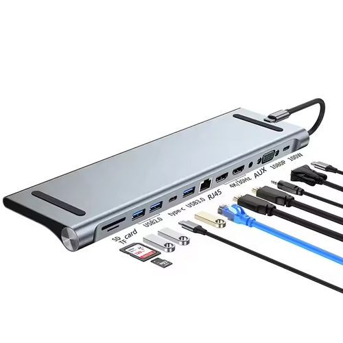 Hub USB-C 11-en-1 avec HDMI 4K@30Hz, VGA, Ethernet, PD 100W, USB 3.0/2.0, SD/TF, audio. Optimisez votre connectivité