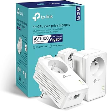 CPL 1000 Mbps - TP-Link TL-PA7027P KIT(FR) - Prise CPL avec 2 Ports Ethernet Gigabit et Prise Intégrée - Boitier CPL Kit de 2