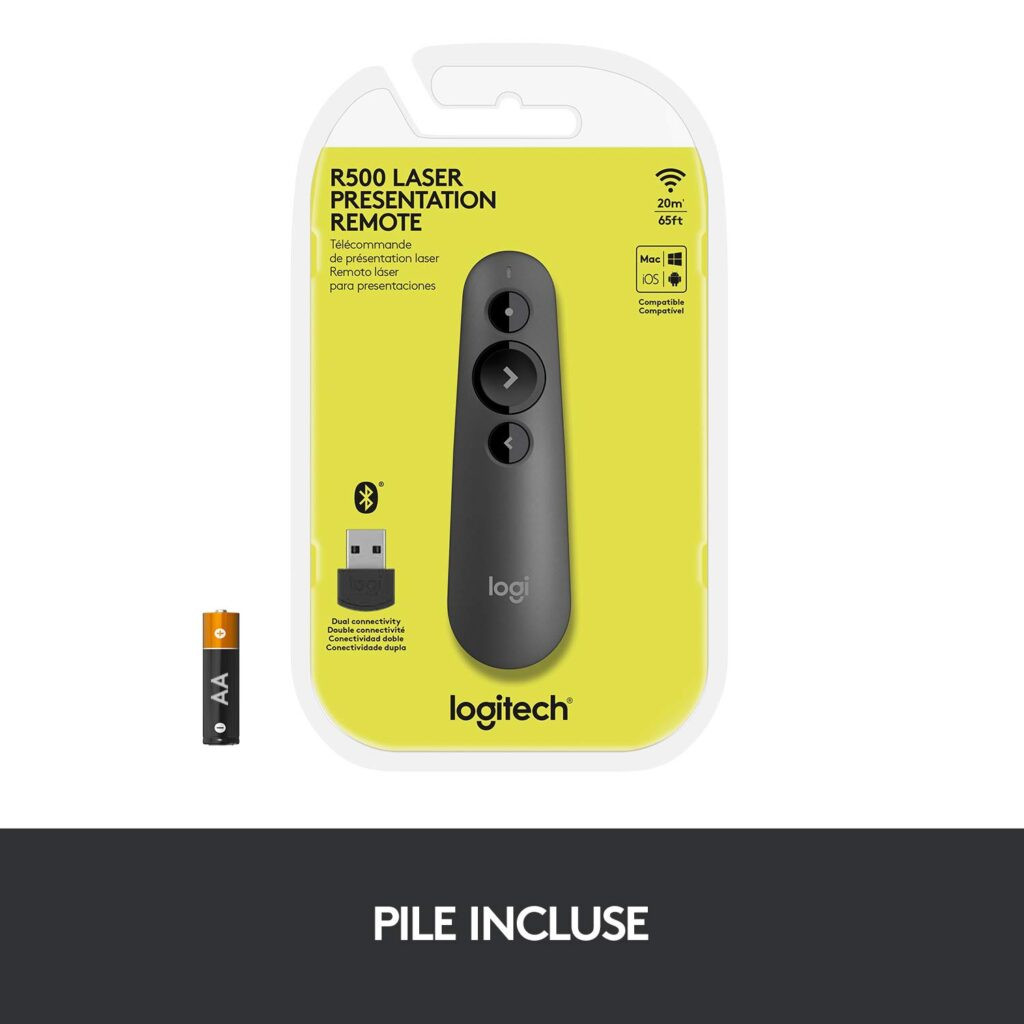 Logitech R500 Télécommande de Présentation sans Fil, 2,4 GHz et Bluetooth avec Récepteur USB, Pointeur Laser Rouge, Portée de 20M, 3 Boutons, Compatible avec PC/Mac/Android/iOS