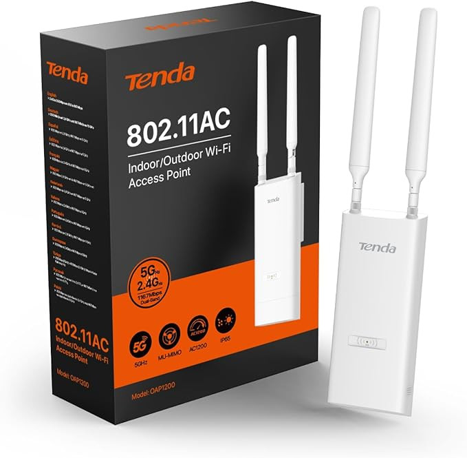 Tenda OAP1200 AC1200 Outdoor Gigabit Wireless Access Point, Dual Band, 1 Port Gigabit Ethernet Support PoE+/Passive PoE, Wall Mount/Pole, IP65 Waterproof, MU-MIMO, AP/Repeater Modes